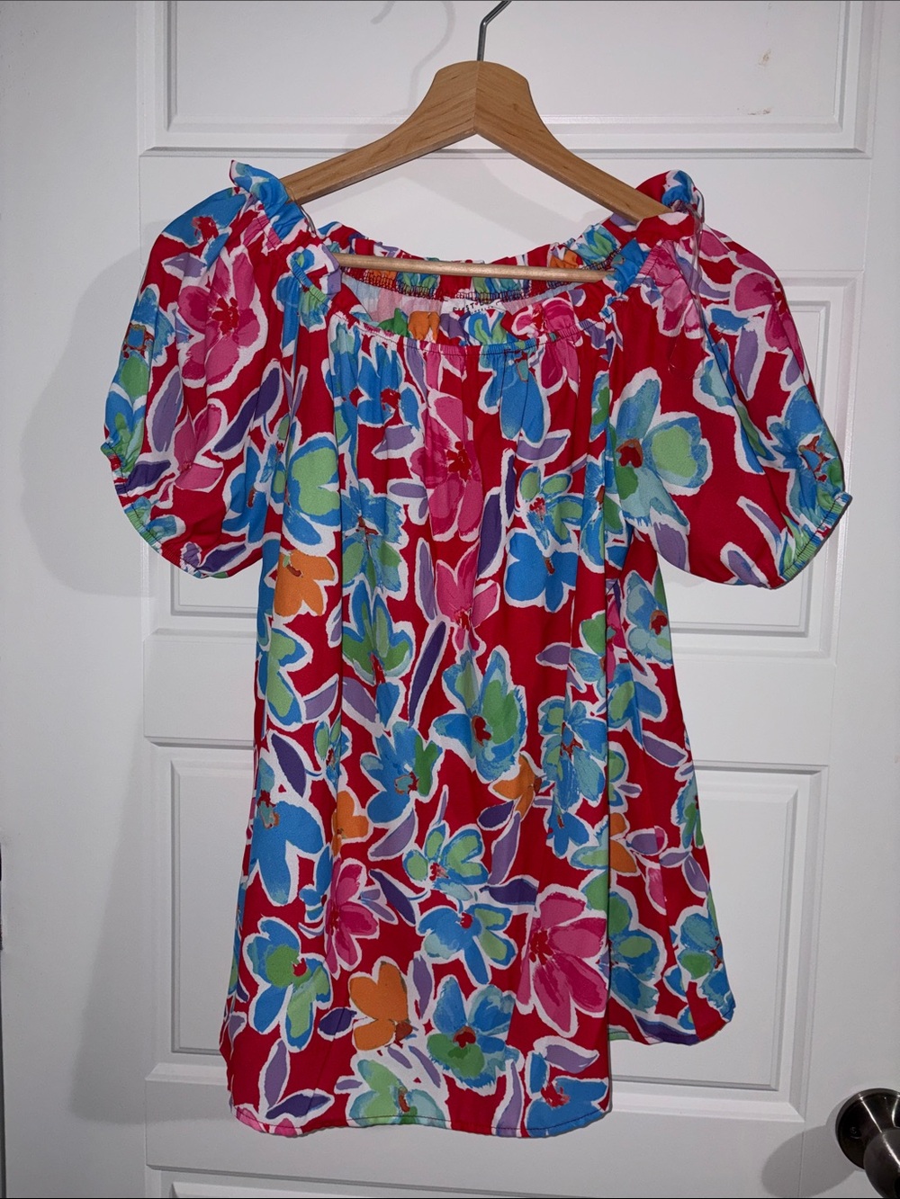 First Love Red Floral Off-Shoulder Blouse with Puff Sleeves